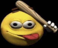 a yellow smiley face is sticking its tongue out while holding a baseball bat .