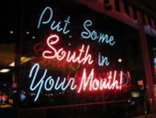 a neon sign says put some south in your mouth .