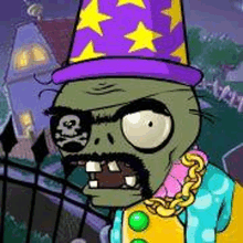 a cartoon zombie wearing a clown costume and a purple hat .