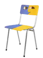 a blue and yellow chair with a face drawn on it