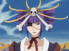 a woman with purple hair has a skull and crossbones on her head