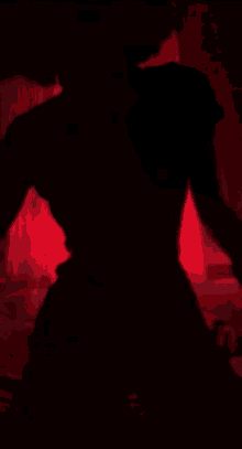 a silhouette of a woman laying on a bed with red curtains behind her .