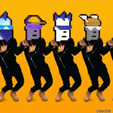 a row of men with pixelated faces dancing with the number 4762 on the bottom