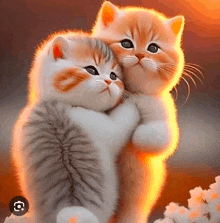 two kittens are hugging each other in a painting with a glowing background .