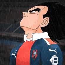 a cartoon of a man wearing a blue and red shirt with the letter b on the sleeve