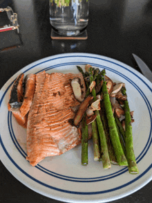 a white plate topped with salmon and asparagus