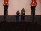 a cartoon of a man in a blue suit standing next to another man