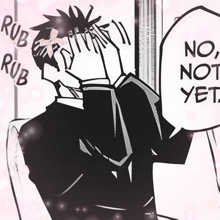 a black and white drawing of a man rubbing his face and a speech bubble that says no not yet