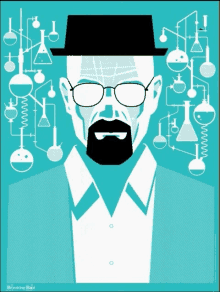 a poster for breaking bad shows a man in a hat and glasses