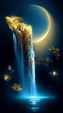 a painting of a waterfall and a crescent moon