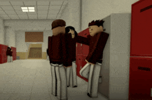 a group of people are standing in a hallway with red lockers