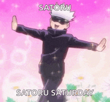 a cartoon character is dancing in front of a pink background with flowers .