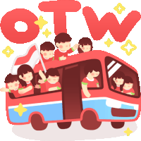 a group of people are riding on top of a red and blue bus with the word otw written above them