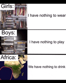 a cartoon shows girls boys and africa with nothing to wear and nothing to play