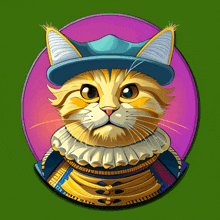 a cat wearing a blue hat and a gold collar