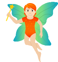 a cartoon illustration of a fairy with red hair and green wings holding a magic wand