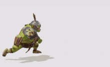 a green orc with a helmet on his head is standing next to a wooden box