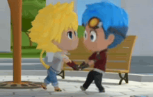 two cartoon characters are standing next to each other and holding hands in front of a bench .