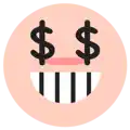 a smiley face with two dollar signs on it 's eyes and a smile .