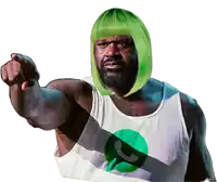 a man wearing a green wig and a white tank top with a phone icon pointing at the camera