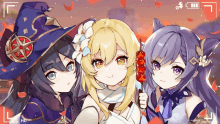 three anime girls are taking a selfie with a camera that says hd in the corner