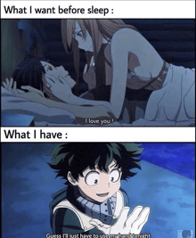 a picture of a girl and a boy with a caption that says " what i want before sleep " and " what i have "
