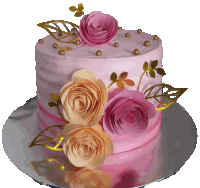 a pink cake with flowers and gold leaves