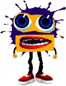 a cartoon character with a yellow face and purple eyes is wearing red shoes .