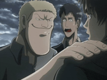 a group of cartoon characters are standing next to each other and one of them is smiling