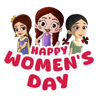 a happy women 's day sign with three cartoon girls