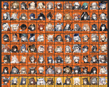 a bunch of anime characters are lined up on a orange background