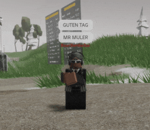 a person in a video game is holding a briefcase and says guten tag mr muler