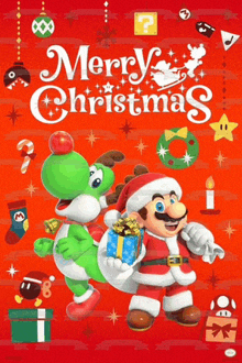 a poster that says merry christmas with mario and yoshi on it