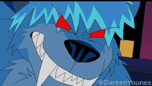 a cartoon drawing of a blue werewolf with red eyes and teeth by dareen younes