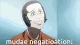 a man wearing headphones is smiling with the words mudae negativation behind him