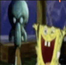a blurry picture of spongebob and squidward smiling