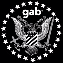 a black and white logo for gab with an eagle holding a sword