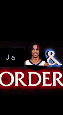 a sign that says ja order with a picture of a basketball player on it