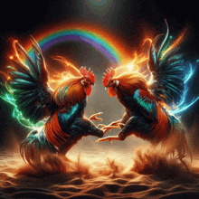 two colorful roosters are standing next to each other in front of a rainbow