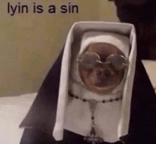 a dog dressed as a nun with glasses and a rosary is sitting in a box .