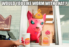 a pink cat with a crown is holding a bag of burger king