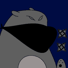 a cartoon bear wearing a black bandana and red eyes