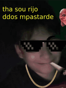 a man wearing sunglasses and a gold chain with the words tha sou rijo ddos mpastarde on the bottom