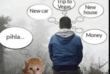 a man and a kitten are sitting in a field with speech bubbles that say new car new house and money