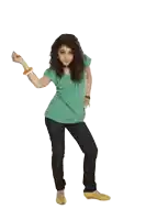 a girl in a green shirt and blue jeans is standing on a white background