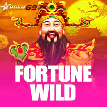 an advertisement for fortune wild shows a man with a beard and a crown on his head