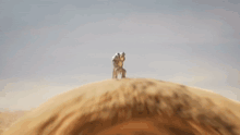 a monster with a crown on its head is running through the desert .
