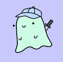 a cartoon ghost wearing a blue hat and holding a knife