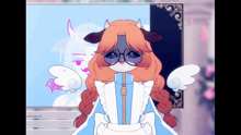 a cartoon drawing of a cow wearing glasses and a blue dress