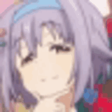 a close up of a purple haired anime girl with a blue headband .